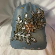 29 Palms Baseball Hat Women’s Blue Denim Rhinestone Jeweled Floral One Size