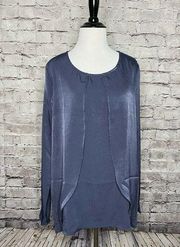 Le Lis Blue Pleat Layer Long‎ Sleeve Silky Blouse