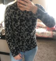 Apt 9 Cashmere Grey & Black Leopard Animal Print Button Up Sweater