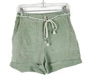 NWT C&C California Tie Belt Linen Blend Cuffed 3" Shorts Green Size 6 NEW