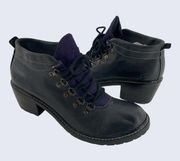 Y2K Black Leather Purple Tongue Lace Up 2.25 " Lug Heel Boot 47525 8.5