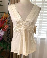 Do & Be Vintage Satin Pleated V-neck Blouse in Ivory