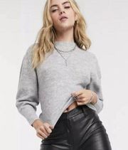 Topshop Ribbed Cropped Sweater LARGE Gray Mock Neck Long Sleeve