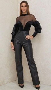 House of CB Bodysuit Size XS Black Velvet Mesh Tulle Monique Puff Sleeve Top