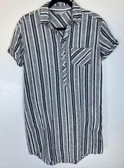 Linen Striped Short Sleeve Shirt Dress Size Small Gray White