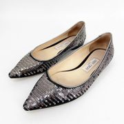 JIMMY CHOO Romy Ballet Flats Point Toe Sequin Black Silver