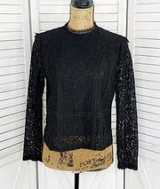 ZARA  Lace Shirt Mock Neck Long Sleeve Sheer Back Blouse Black Medium