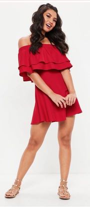 Red Ruffle Layer Bardot Swing Dress