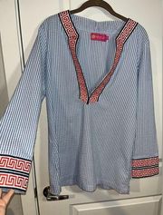 Macbeth Collection by Margaret Josephs Greek Key Seersucker Striped Tunic Medium