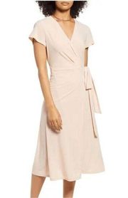 Halogen Crossover Short Sleeve Wrap Dress Midi Sz XXS Light Pink V-Neck NWT