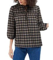 Barbour Lorelie Praline Seersucker Checked Blouse Notch Neck Shirt Size 8 NWT