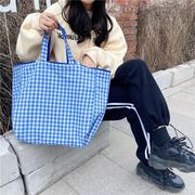 Korean Retro Gingham Reversible Tote Bag - Blue