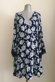 White Floral Black Faux Wrap Dress