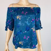 Babaton Blue Floral Print Off Shoulders Tie Sleeve Accented Top Blouse XS