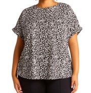 MELLODAY BLACK & WHITE ANIMAL PRIT DOLMAN SHORT ROLLED SLEEVE SCOOP NECK BLOUSE