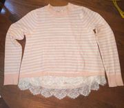 Pink White Stripe Sweater with Lace Hem M