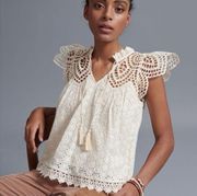 Anthropologie Lace Crochet Eyelet Cream Boxy Blouse Womens Boho Peasent Modest M