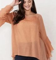 LC LAUREN CONRAD Plus Size Slit Back Mini Heart Blouse Orange Bell Sleeve Boho