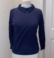 Ann Taylor Factory Navy Blue Lightweight Sweater Floral Lace Collar Neck Sz MP