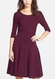 Sweater Dress LARGE Burgundy Ribbed Knit A-Line Fit & Flare Midi