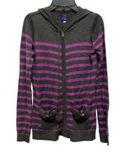 Tommy Girl Y2K Striped Hooded Zip Jacket Cardigan Sweater Gray Purple Top Bow