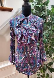 Sunny Leigh Purple Paisley Ruffle Collared Long Sleeve Button Down Shirt M