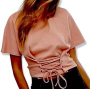 MinkPink corset lace up sweatshirt top womens large short sleeve blush pink