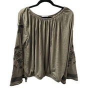 Thyme & Honey Shirt Women Medium Green Embroidered Bell Sleeve Scoop Neck Cotton