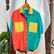 Vintage Carole Little silk button up 90s colors double pockets 4 fits XL