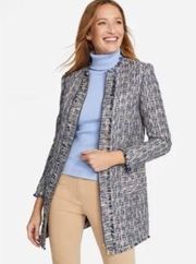 J. McLaughlin Blue Tan Tweed Zip Front Longline Fringe Trim Coat size Small