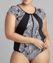 Cacique Plus 24 Swimsuit Lightly Lined No Wire Active Front Zip Black Leaf Print