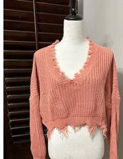 Zaful Womens Cropped Sweater Coral Long Sleeve Slouchy Distressed Frayed XL