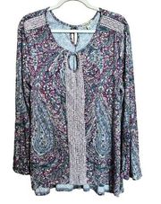 One World Tunic Top Womens Large Multicolor Paisley Boho Stretch Blouse Ladies