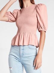 Linen-Blend Smocked Puff Sleeve Peplum Top