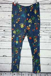 Slinky Brand Size 1X Blue Floral Print Straight Leg Pull On Pants