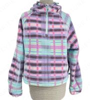 Primo Fleece 1/4 Zip Crop Hoodie Picnic Plaid Pastel Pullover M