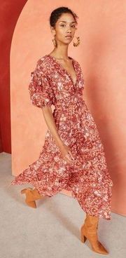 ULLA JOHNSON Amora Floral Ruffle Silk Midi Dress in Coral Sz 2 US
