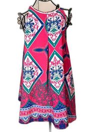 BLACK BEAD Bright Pink Boho Blue/Green Print Sleeveless Sundress szL