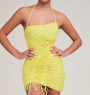 Dress Ruched Mesh Asymmetrical Mini Halter Lemon Yellow Size S