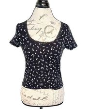 Divided By H&M Womens Blouse Top Sz Medium Crop Ribbed Floral Black Bow Lace