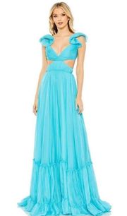 NWT  Mac Duggal Ruffled Shoulder Cut Out Lace Up Gown Dress