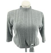 June & Hudson Gray Mock Neck Ribbed Soft Tie Front Knit Top Large