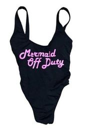 “Mermaid Off Duty" One Piece Swimsuit - black w pink & tie up back Small