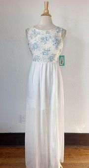 White & Blue Floral Open Bow Back Sleeveless Maxi Dress