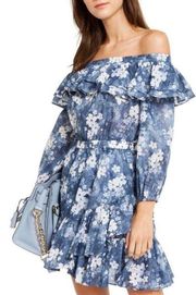 Cotton Ruffled Off-The-Shoulder Dress Blue White Chambray Med