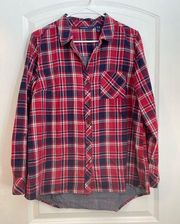 Isaac Mizrahi Live True Denim Red Plaid Chambray Cuff Button Down Shirt Size 12