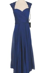 La Femme Sweetheart Neckline Cap Sleeve Lace Ruched Long Gown Blue Size 4 NWT