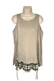 Kori Cold Shoulder Long Sleeve Beige & Green Plaid Top Women’s Size Small