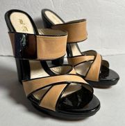 L.A.M.B. Gwen Stefani Camel Tan Black Patent Leather Strappy Heels Size 7.5