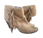 Charming Charlie open toe tan khaki colored suede tassel ankle booties size 7.5/